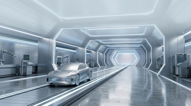 Futuristic car on automated assembly line in advanced smart manufacturing facility