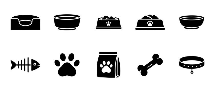 Pet supplies icon set food accessories and care items in black silhouette
