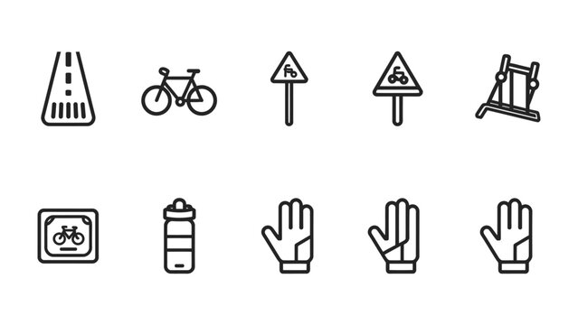 Cycling Essentials: A set of simple line icons symbolizing the core elements of cycling, encompassing road signs, a bicycle, and safety gear.