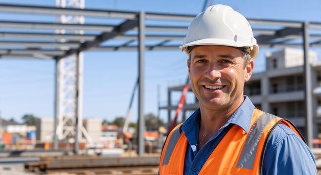 Portrait of a smiling construction worker in hard hat. Professional builder on site