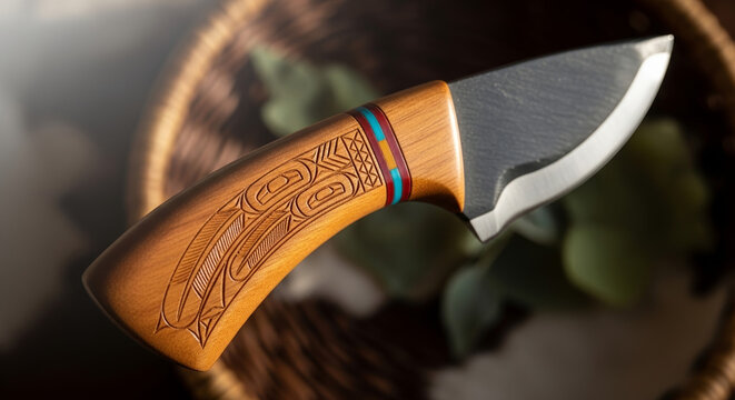 Hand carved ulu knife traditional Indigenous curved blade with wooden handle and detailed craftsmanship. Cultural tool used for hunting, food preparation, and heritage practices