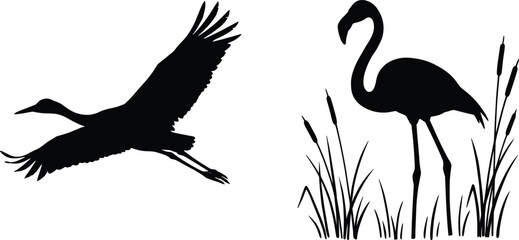 Crane flying bird and flamingo standing silhouette icon illustration, wildlife animal artwork design, nature motif concept symbol graphic representation © MDGOLAM