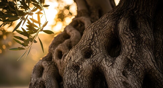 Ancient olive tree trunk close up with textured bark and green leaves under warm sunset light.