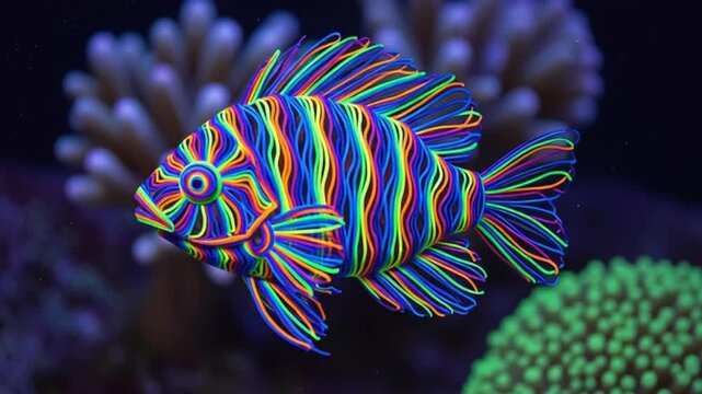 Colorful tropical clown fish swim through a vibrant coral reef in an underwater aquarium nature design featuring marine animals and floral ornaments