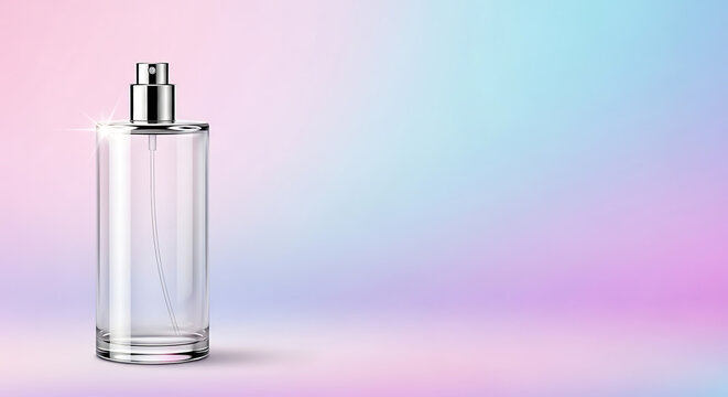 Elegant transparent glass perfume bottle with chrome spray nozzle and soft pastel background transparent background