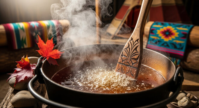 Maple sap boiling kettle over fire producing syrup with steam rising. Traditional Indigenous food process and seasonal activity during National Indigenous History Month