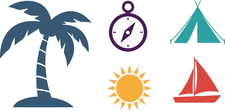 Set of colorful summer vacation icons featuring a palm tree, navigation compass, camping tent, bright sun, and sailboat