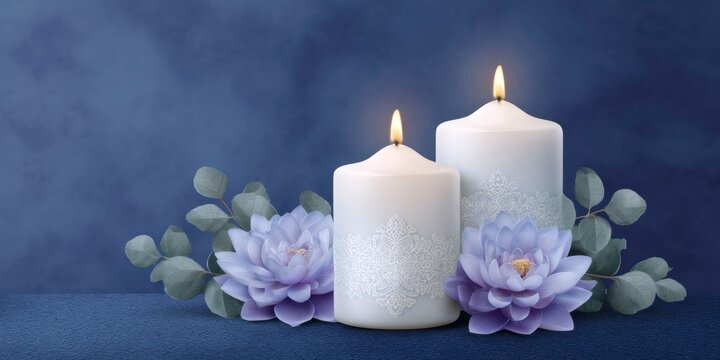 two candles and flower on a dark blue background