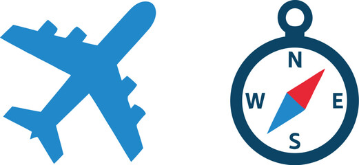 Fototapeta premium Blue airplane icon and navigation compass symbol representing travel and trip planning for flight and global adventure