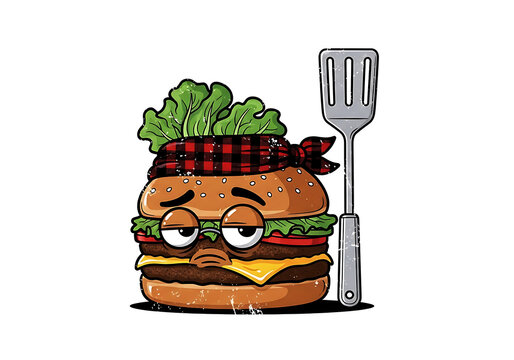 Cartoon burger character with lettuce hair wearing red plaid headband holding spatula beside it for barbecue grill party mascot illustration sticker design isolated on white background art.