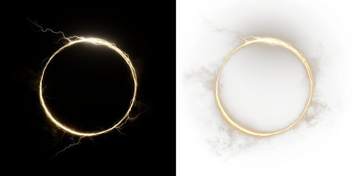 Electric circle with lightning and clouds isolated on transparent and black background,, showcasing energy and light effects during the daytime, light overlay, PNG