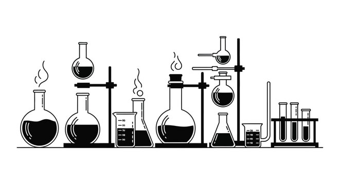 Laboratory glassware and equipment arrangement black silhouette high quality professional detailed