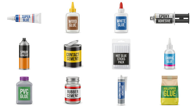Professional adhesive and glue product set with super glue, epoxy, and wood glue icons. Commercial graphic for hardware store marketing, DIY construction guides, and repair service catalogs.