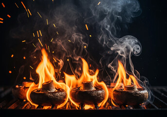 Fototapeta premium Three button mushrooms being grilled over hot flames with smoke and embers on a dark background, closeup shot with shallow depth of field, delicious.