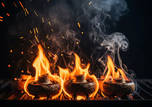 Three button mushrooms being grilled over hot flames with smoke and embers on a dark background, closeup shot with shallow depth of field, delicious.