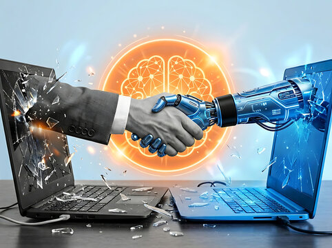 Human and Robot Hands Handshake Emerging From Broken Laptop Screens