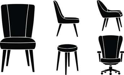 Fototapeta premium set of modern black office chairs and stool flat design vector illustration