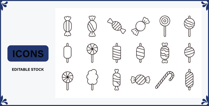 Set of various sweet treats and candies in line art style icons collection