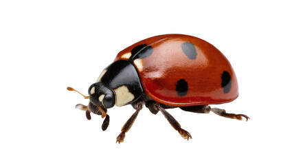 Red ladybug with black spots and antennae crawling sideways © Rowan