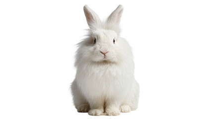 Fototapeta premium Fluffy white Angora rabbit sitting facing forward