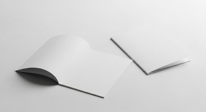Two blank white brochures or folders resting on a plain light gray surface for branding mockups