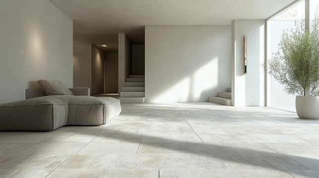 Minimalist modern living room featuring large natural stone tile flooring with soft ambient lighting and clean architectural lines creating a serene spacious atmosphere perfect for contemporary