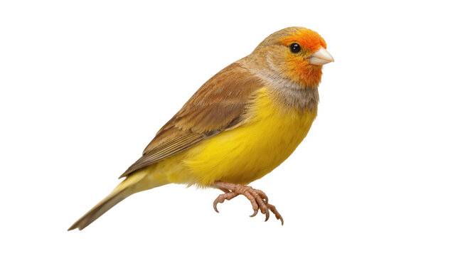 Yellow brown male Zebra Finch perched with orange beak and claws