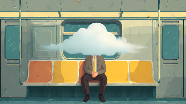 Businessman sitting on a floating cloud inside a subway train car, Generative AI illustrations.