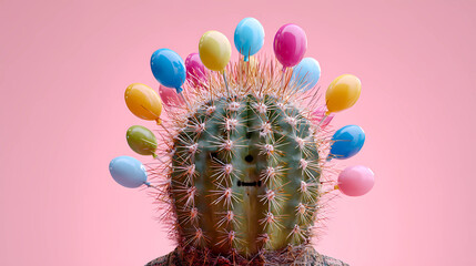 Naklejka premium Cactus with needles made of colorful party toothpicks and balloons, Generative AI illustrations.