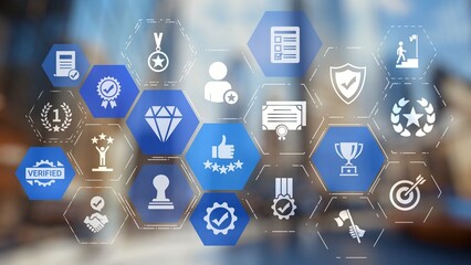 Quality approval and certification icons showing verified badge, standard check, award, trophy,...