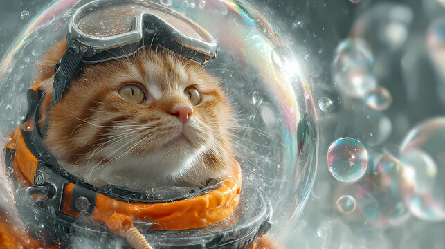 Fluffy orange tabby cat in professional scuba diving suit floating in giant soap bubble, Generative AI illustrations.