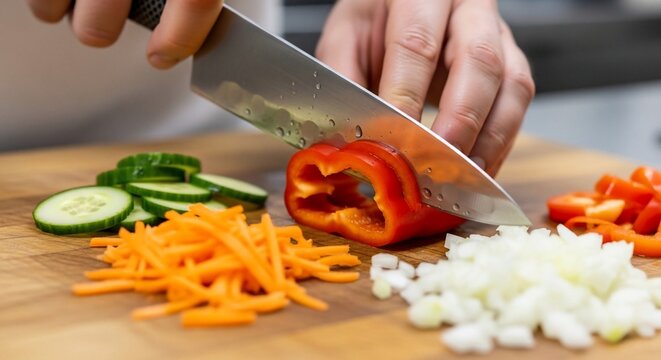 Chef slicing vegetables on wooden board