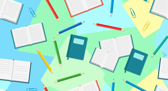 Colorful illustration of school supplies and books on a desk
