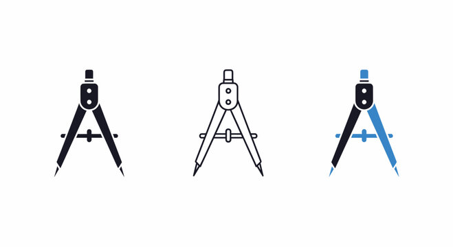 Drawing Compass Icon Set in Black Silhouette, Outline and Blue Flat Design for Education Engineering and Geometry Vector Icons
