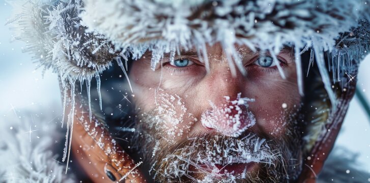 A portrait of an Arctic explorer with icicles hanging from his hat and beard.