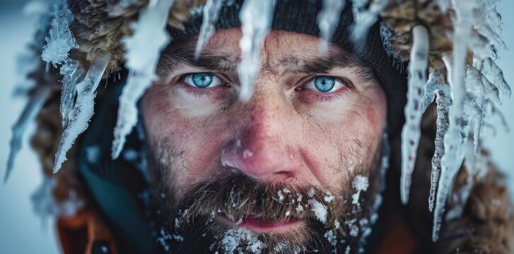A portrait of a frozen man ith icicles hanging from his hat and beard.