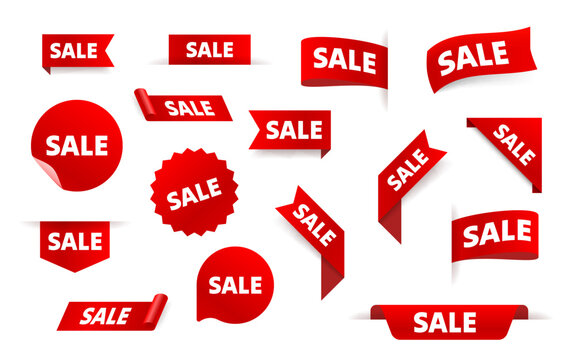 Set of red SALE tags and labels for promotions.
