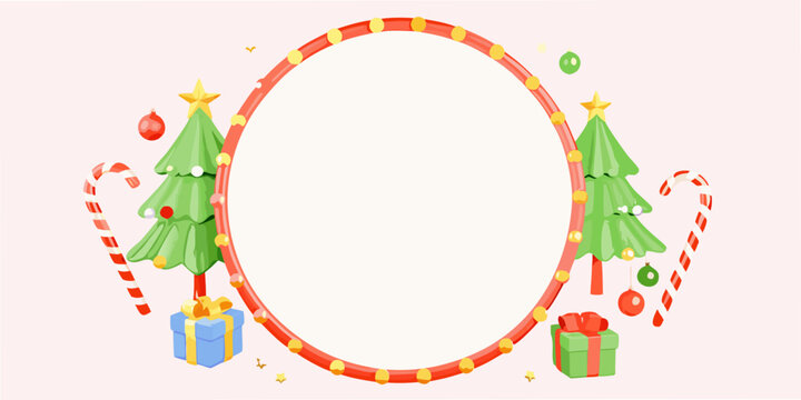 Festive circular frame with christmas trees candy canes and gifts
