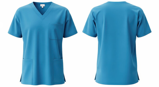Front and back view of a cyan blue v-neck medical scrub with three pockets on white background