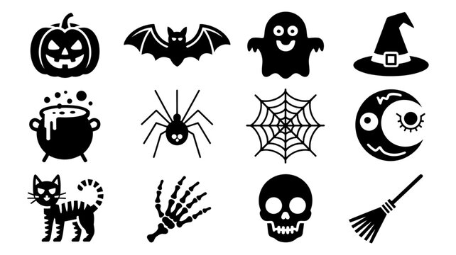 Collection of twelve black halloween themed icons including pumpkin ghost bat witch hat spider with halloween