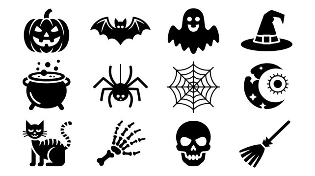 Collection of twelve black halloween themed icons including pumpkin ghost bat witch hat spider with halloween