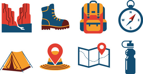 Set of colorful hiking and camping icons with backpack boots compass tent map and water bottle for outdoor adventure travel © azad