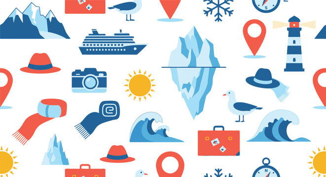 Seamless pattern with travel icons featuring cruise ship iceberg mountains lighthouse and vacation items in flat style