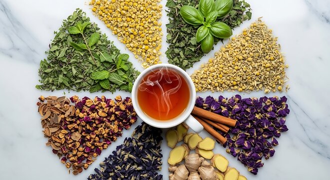 Herbal Tea with Natural Ingredients, Wellness Drink, Fresh Herbs and Spices Composition on Clean Background with Copy Space