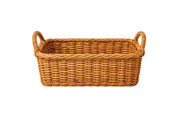 Obraz premium Empty rectangular wicker basket, a versatile woven storage basket with handles, ideal for home organization and rustic decor, isolated on white.