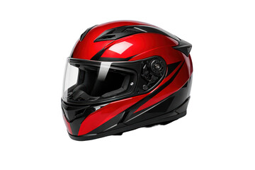 Fototapeta premium Vibrant red motorcycle helmet, a sleek and modern full-face protective gear for riders. Glossy safety helmet, essential equipment for motorcycling and extreme sports, isolated on white.