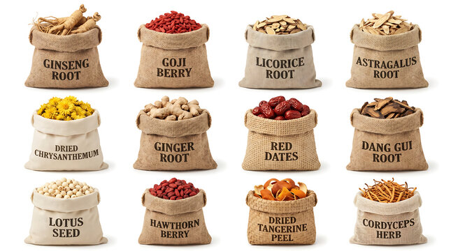 Collection of traditional Chinese medicine herbs in labeled burlap bags on white background. Holistic wellness ingredients for apothecary, alternative health, and pharmaceutical marketing.