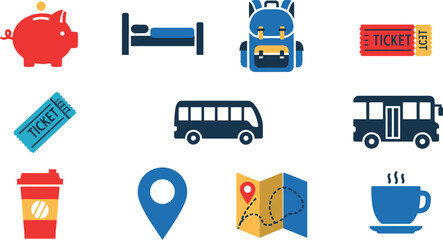 Set of travel and vacation icons including piggy bank bed backpack ticket bus coffee cup map pin and hot drink symbols © azad