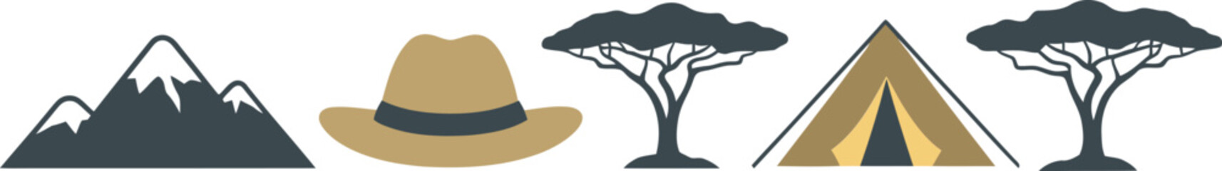 Set of travel icons featuring mountains a safari hat a tent and acacia trees for outdoor adventure and exploration design © azad