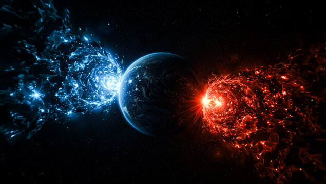 Abstract Cosmic Energy Collision Around Planet Earth with Blue and Red Plasma Vortices, Futuristic Space Battle, Galaxy Light Explosion, Sci-Fi Universe Background